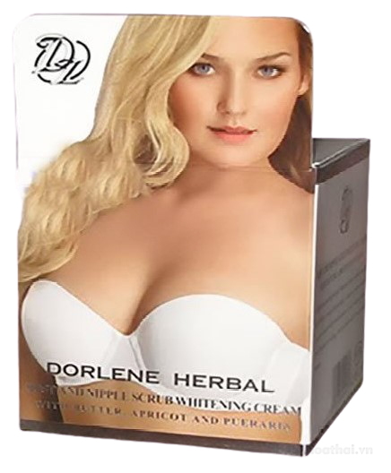 Hộp kem Dorlene Herbal chụp đứng, chữ serif viết hoa trên nền trắng ngà hồng phấn